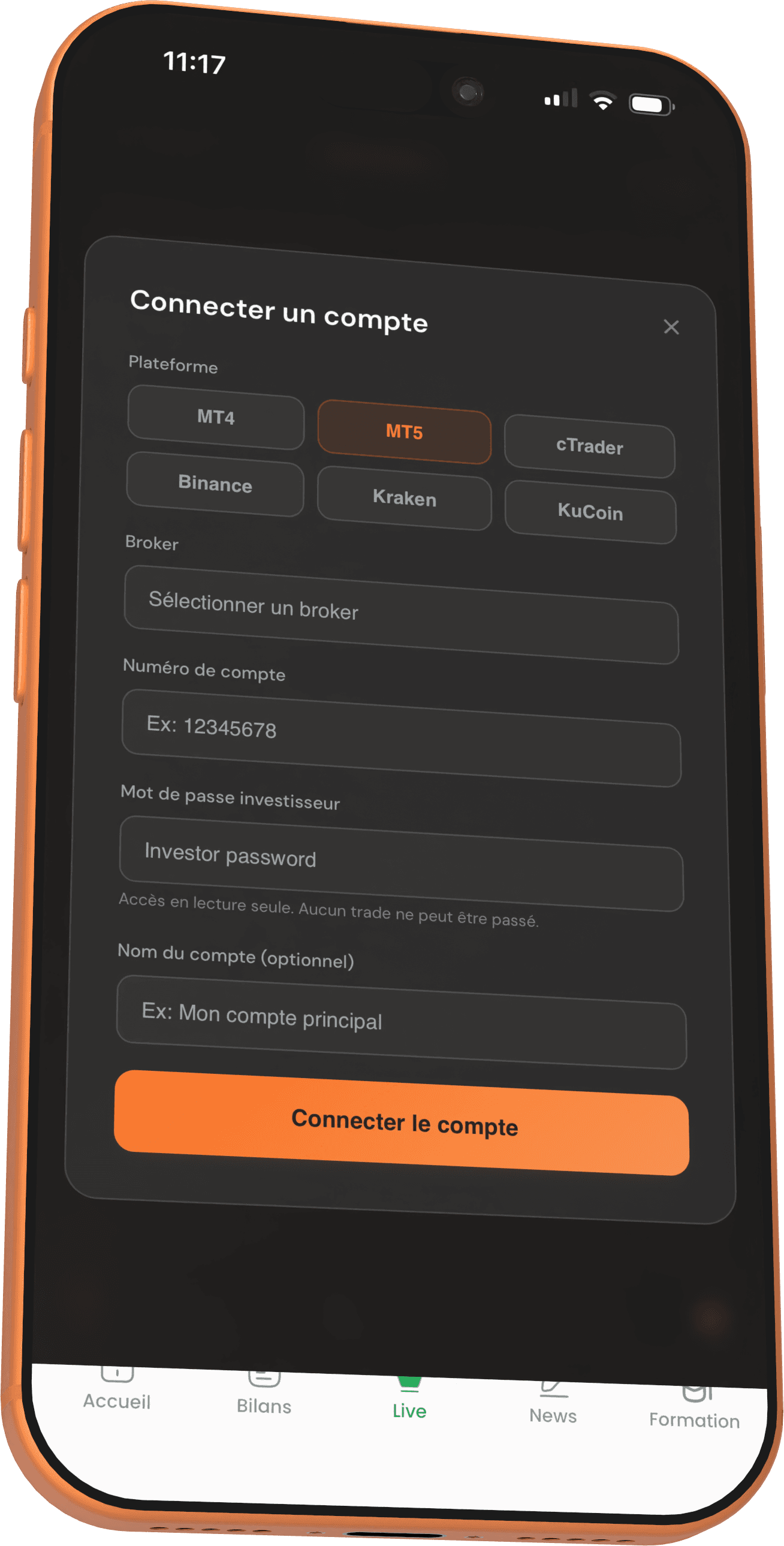 Connecter un compte sur Trakr — MT4, MT5, cTrader, Binance, Kraken, KuCoin
